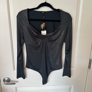 Express Silver and Black Sparkle Fitted Long Sleeve Bodysuit, Women’s M